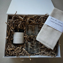 Load image into Gallery viewer, St. Ives Skyline Glasses, Stripe Napkins &amp; Soy Wax Candle Hamper
