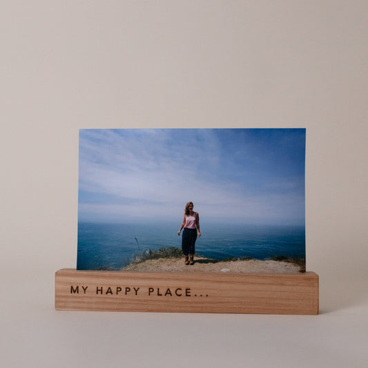 Wooden block photo frame with photo of a lady standing in St Ives Cornwall. Cornish, Cornwall, Artisan