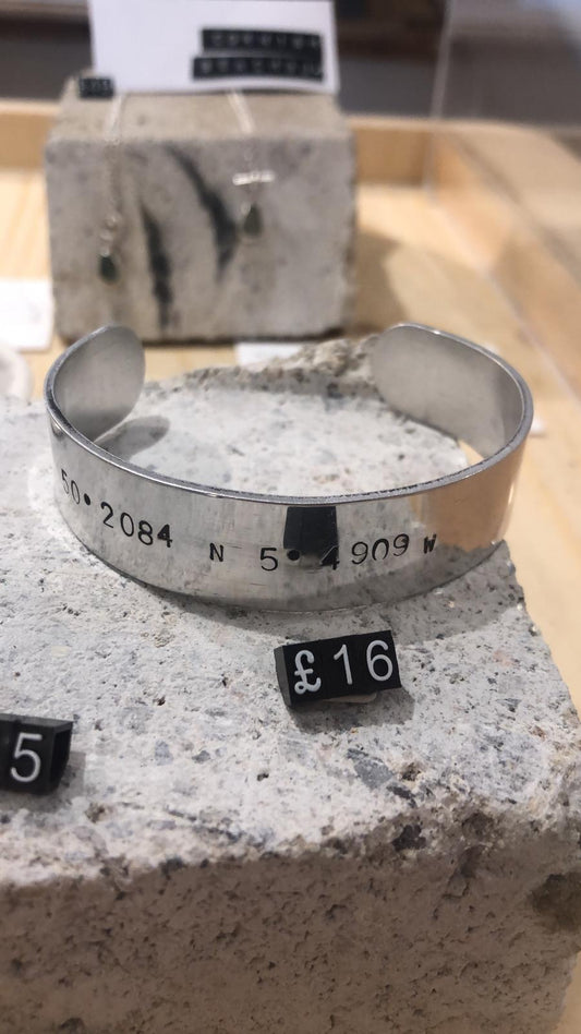 Mens Aluminium Coordinates Cuff - The St. Ives Co. Cornwall Cornish Souvenir Holiday beach Men Men's Gift Present Quality Trendy Strong Aluminium Coordinates 